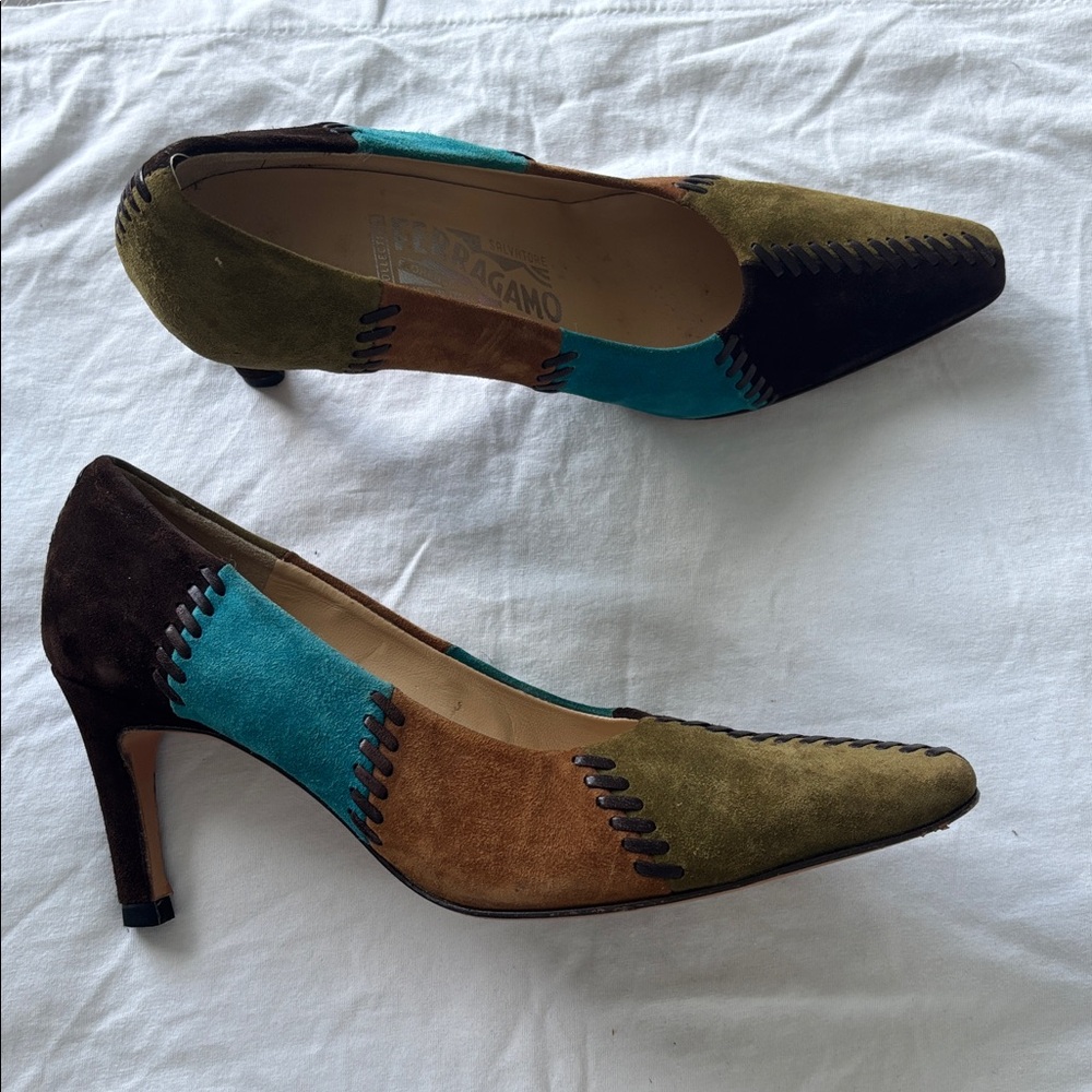 Salvatore Ferragamo Suede Patchwork Heels in Green, Blue, and Brown